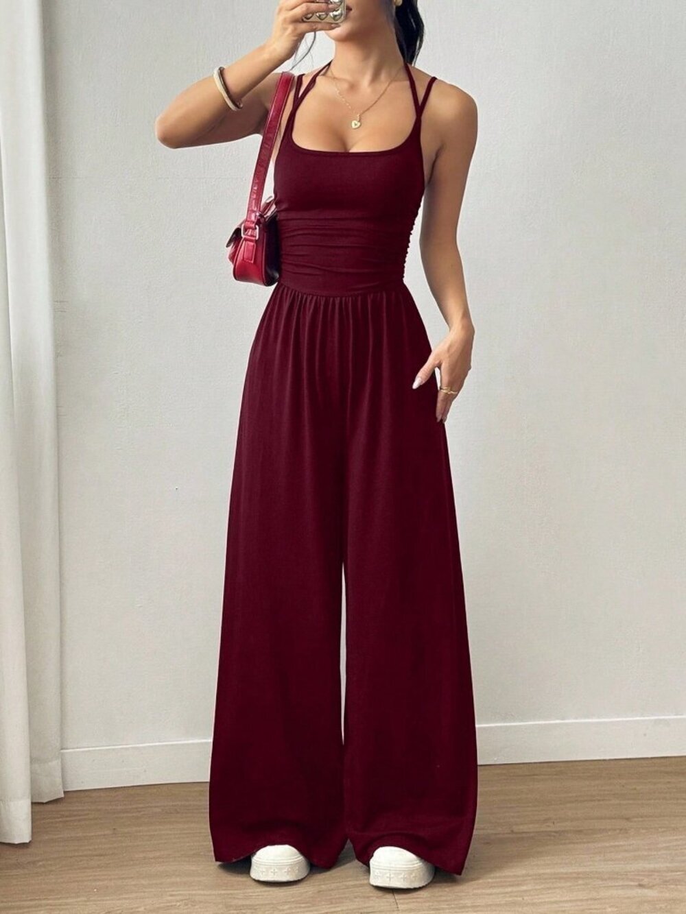 Burgundy Casual Women's Pleated Loose Straight Leg Jumpsuit
